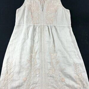 Johnny Was Sleeveless Embroidered Linen Dress Beige Tan Small Boho